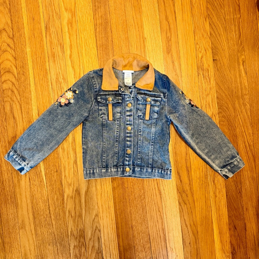 Kids Little Lass Denim Jacket with Tan Corduroy Collar and Floral Embroidery